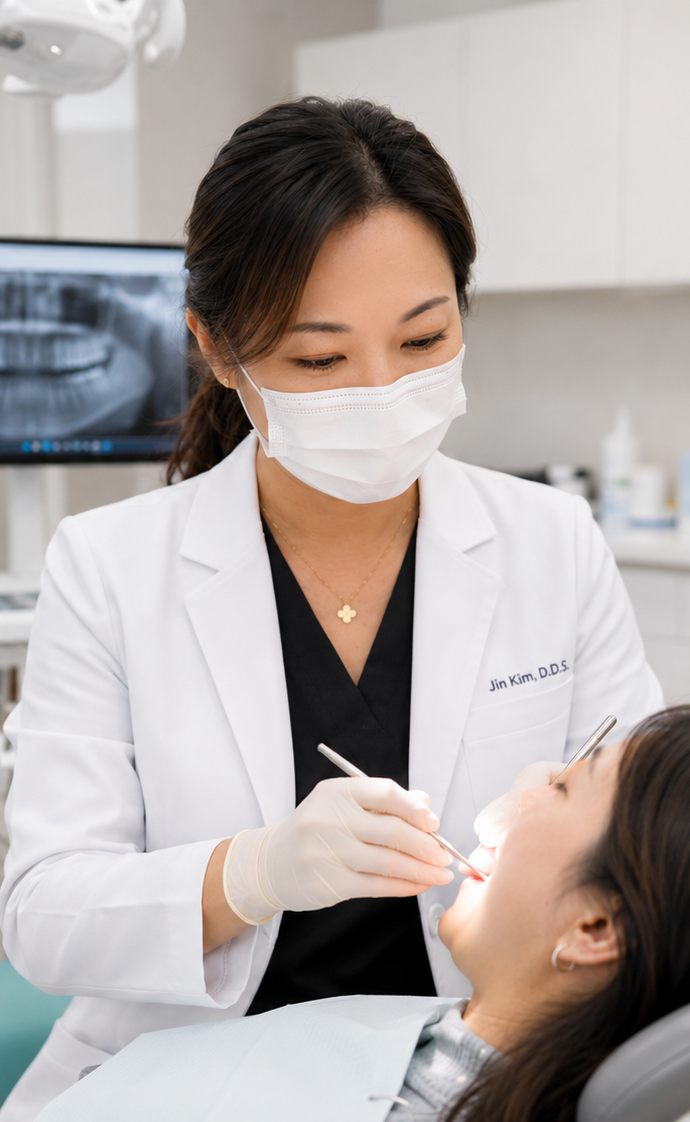 Dr. Jin Kim performing a gentle dental exam