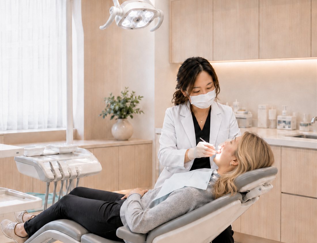 Dr. Jin Kim caring for a patient at Noa Dental in Valencia, CA