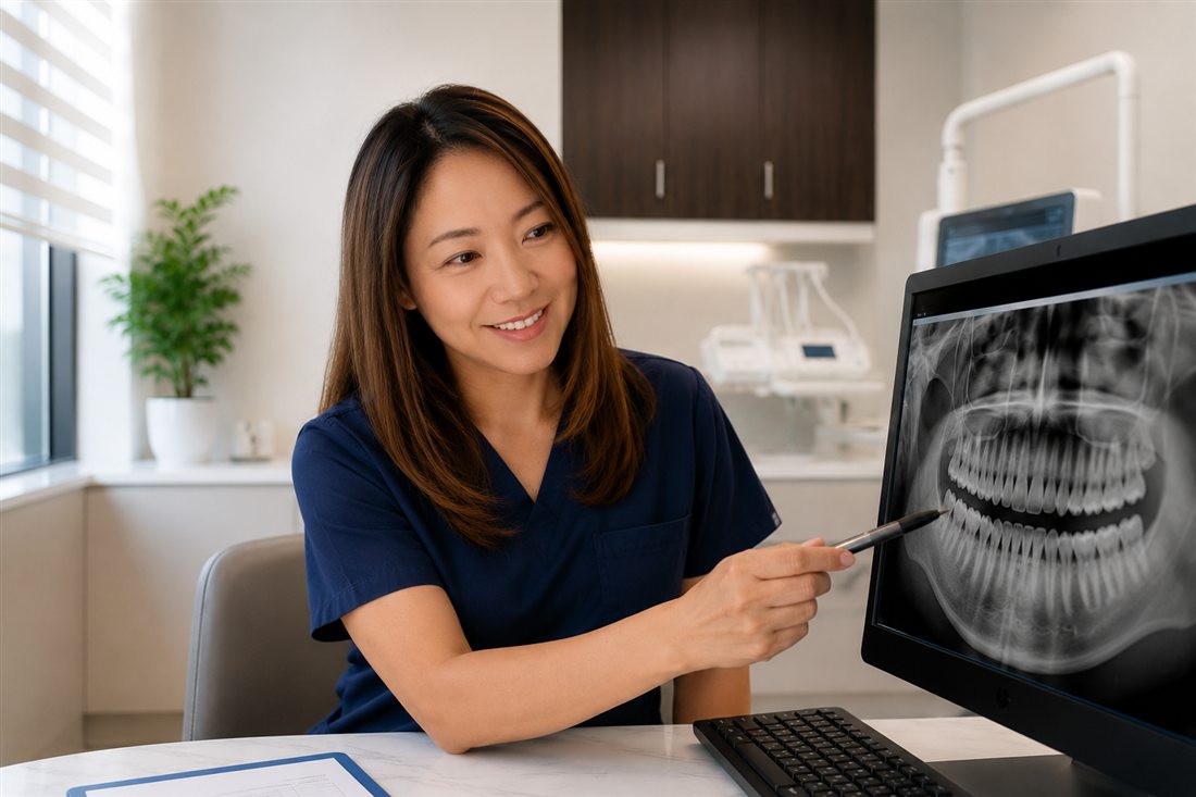 Dr. Jin Kim explaining a dental X-ray at Noa Dental in Valencia, CA