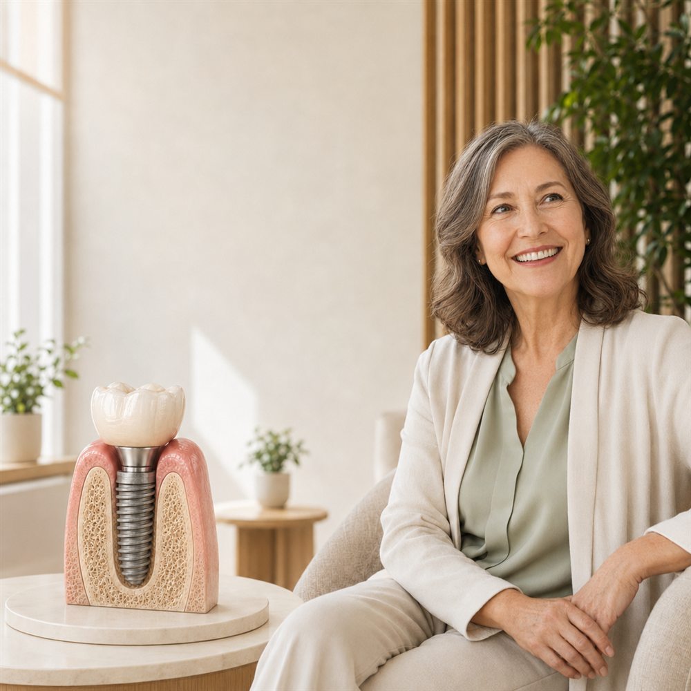 Happy dental implant patient with an implant model at Noa Dental Valencia